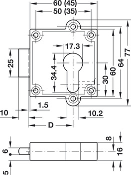 Deadbolt rim lock, PZ 60, backset 25 mm and 40 mm