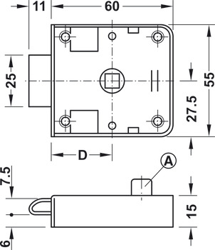 Spring bolt rim lock, Häfele Push-Lock, backset 30 mm