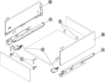 Drawer side runner system, Häfele Matrix Box Slim A Synchro, drawer side height 175 mm, load bearing capacity 30 kg, with self closing and soft closing mechanisms