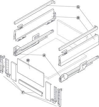Internal drawer set, Häfele Matrix Box P35 VIS, with front panel insert and rectangular side railing, drawer side height 115 mm, load bearing capacity 35 kg