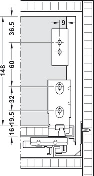 Drawer side runner system, Häfele Matrix Box Slim A Synchro, drawer side height 175 mm, load bearing capacity 30 kg, with self closing and soft closing mechanisms